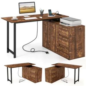 Reversible L-Shaped Desk with Built-in Charging Station, Home Office Desk with Drawers & File Cabinet - Rustic Brown