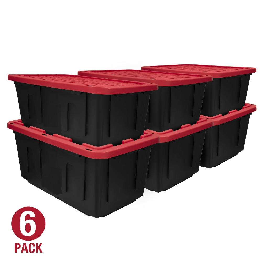 6 Pack 27 Gallon Large Storage Bin With Snap Lid, Black And Red, Heavy Duty Plastic Storage Container Shipment From Walmart