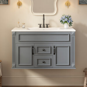 36 inch Wall Mounted Bathroom Cabinet with Ceramic Sink and Drawers, French Simple Style Vanity with Soft Closing Hinges
