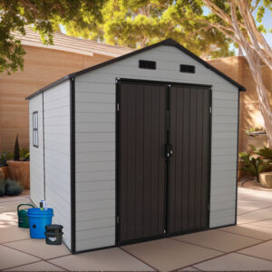 8x8x7.6FT Outdoor Resin Storage Shed With Windows, Strong Aluminum Frame & Floor For Garden, Organization White Brown
