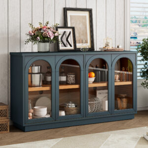 TREXM 4-Door Large Storage Buffet Cabinet With Glass Doors Arched Cabinet With Adjustable Shelves For Kitchen Dining Room And Living Room Navy
