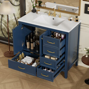 36 Bathroom Vanity With Sink, Bathroom Cabinet With Soft-Closing Door, 4 Drawers Of Different Sizes, Solid Wood Frame And Leg, Two Packages, Blue
