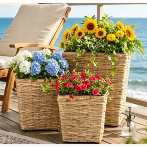 3-Piece Nested Rattan Planter Set, UV Resistant PP Wicker Plant Boxes with Removable Liner & Drainage Holes for Indoor Outdoor Garden Patio