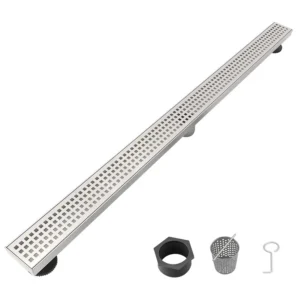 36 Inch Linear Shower Drain with Removable Square Patterned Grate, 304 Stainless Steel with Hair Strainer and Leveling Feet, Brushed Nickel