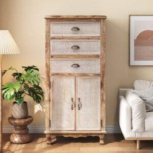 Rustic Wooden Storage Cabinet With Decorative Cutout Door & 3 Drawers, Tall Narrow Organizer For Living Room, Bedroom Antique White
