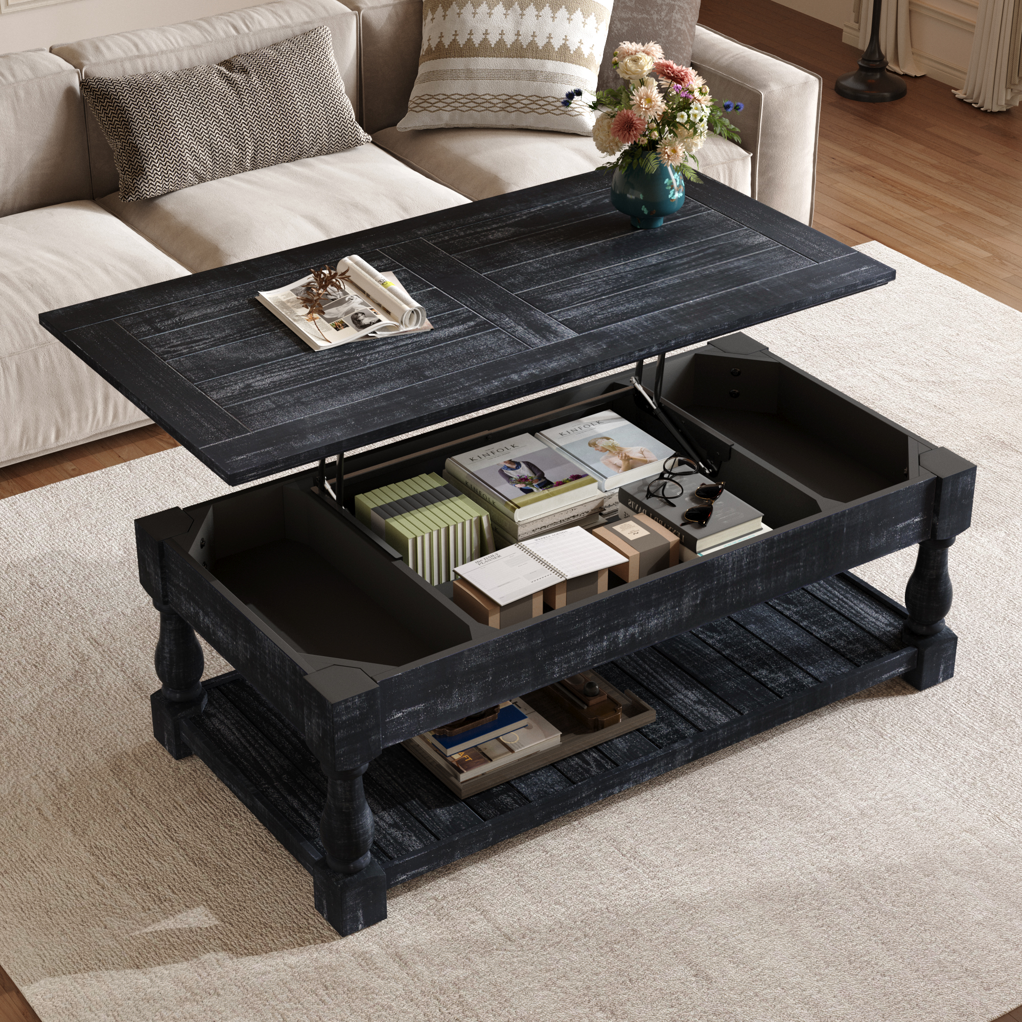 Farmhouse Lift Top Coffee Table With Fixed Shelf - 3 Hidden Storage Trays, Handsomely Crafted In Weathered Black Finish, Versatile Two-Tier Living Room Table