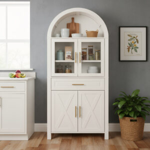 71 Tall Arched Kitchen Pantry Cabinet With Glass Door, Farmhouse Storage Pantry Cabinet With Adjustable Shelves & Barn Door Design For Kitchen, Living & Dining Room, White