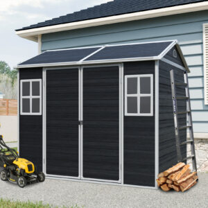 8 X 6ft Resin Outdoor Storage Shed Waterproof Shed With Floor & Two Windows & Lockable Door, Tool Shed For Garden, Patio,Black