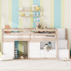 SOLID WOOD TWIN SIZE LOW LOFT BED WITH STAIR, DRAWER, AND SHELF FOR CREAM WHITE COLOR