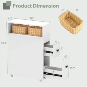 Slim White Bathroom Storage Cabinet (20"x7.5"x28.5") - Fits Tight Spaces (Tub-Toilet Gap), 2 Drawers + Open Shelf + Wicker Baskets
