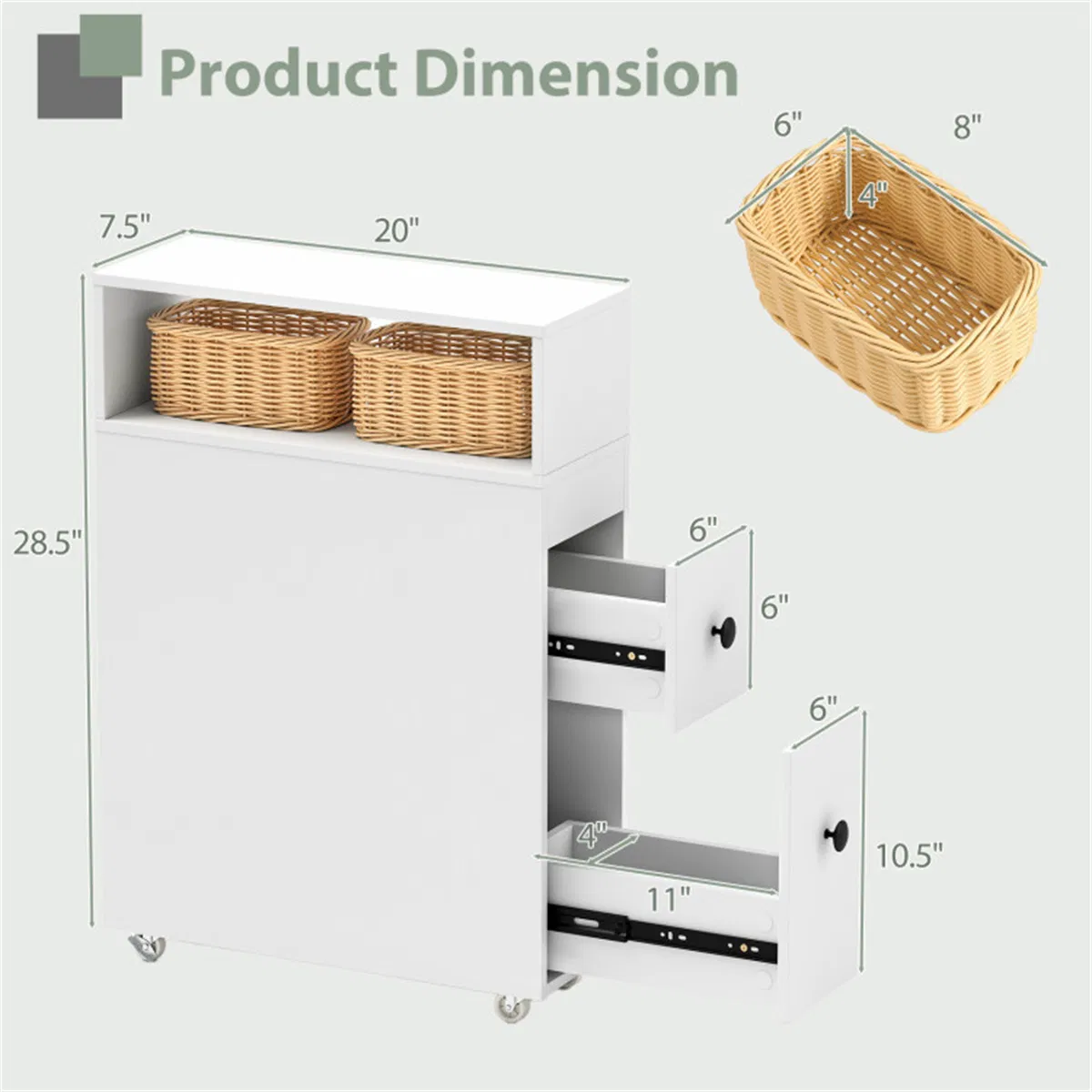 Slim White Bathroom Storage Cabinet (20"x7.5"x28.5") - Fits Tight Spaces (Tub-Toilet Gap), 2 Drawers + Open Shelf + Wicker Baskets