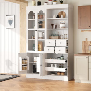 TOPMAx 47.2x15.7x75inch Freestanding Buffet With Hutch Tall Kitchen Pantry Cabinet With 4 Drawers Door Shelves And Pull- Out Trays For Dining Room Living Room White