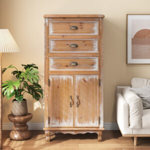 Rustic Wooden Storage Cabinet With Decorative Cutout Door & 3 Drawers, Tall Narrow Organizer For Living Room, Bedroom Natural Wood