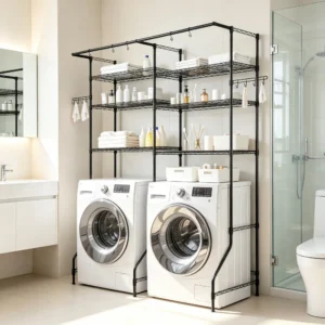 6-Tier Over Washer and Dryer Storage Shelves, Adjustable Laundry Room Organizer with Hanger Rod & Hooks