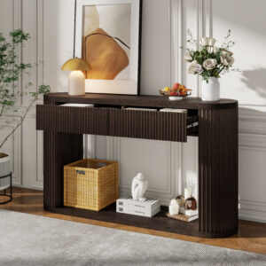 TREXM Oval Fluted Console Table With 2 Drawers And Bottom Shelf, Wood Entryway Table With Smooth Metal Slides For Living Room, Entryway Espresso