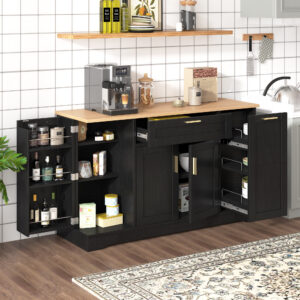 TREXM Multi-Functional Storage Sideboard Extendable Dining Table Adjustable Shelves 3-Tier Pull-Out Rack Kitchen Island Storage For Kitchen Dining Room Living Room Black