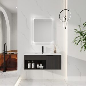 36" Wall-Mounted Floating Bathroom Vanity with Ceramic Sink – Modern Dark Oak Cabinet with Open Shelf & Soft-Close Door, Spacious Storage (Faucet & Drain Not Included)