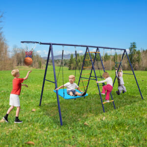 6 In 1 Swing Set With Climbing Ladder, Climbing Net, Trapeze Bar, Hammock Swing, Belt Swing, Basketball Hoop For