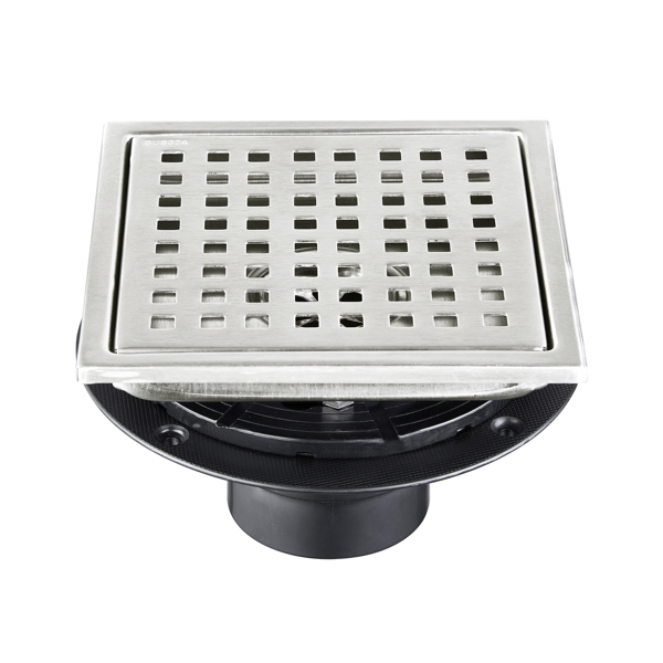 6 Inch Square Shower Drain With Removable Square Patterned Grate, 304 Stainless Steel With Flange And Hair Strainer, Brushed Nickel
