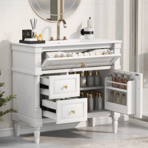 36 Bathroom Vanity With Sink, Freestanding Bathroom Cabinet With Ceramic Basin, Flip Drawer, Adjustable Shelf, Rubberwood Frame & MDF Panels, Metal Handles, White Painted Finish