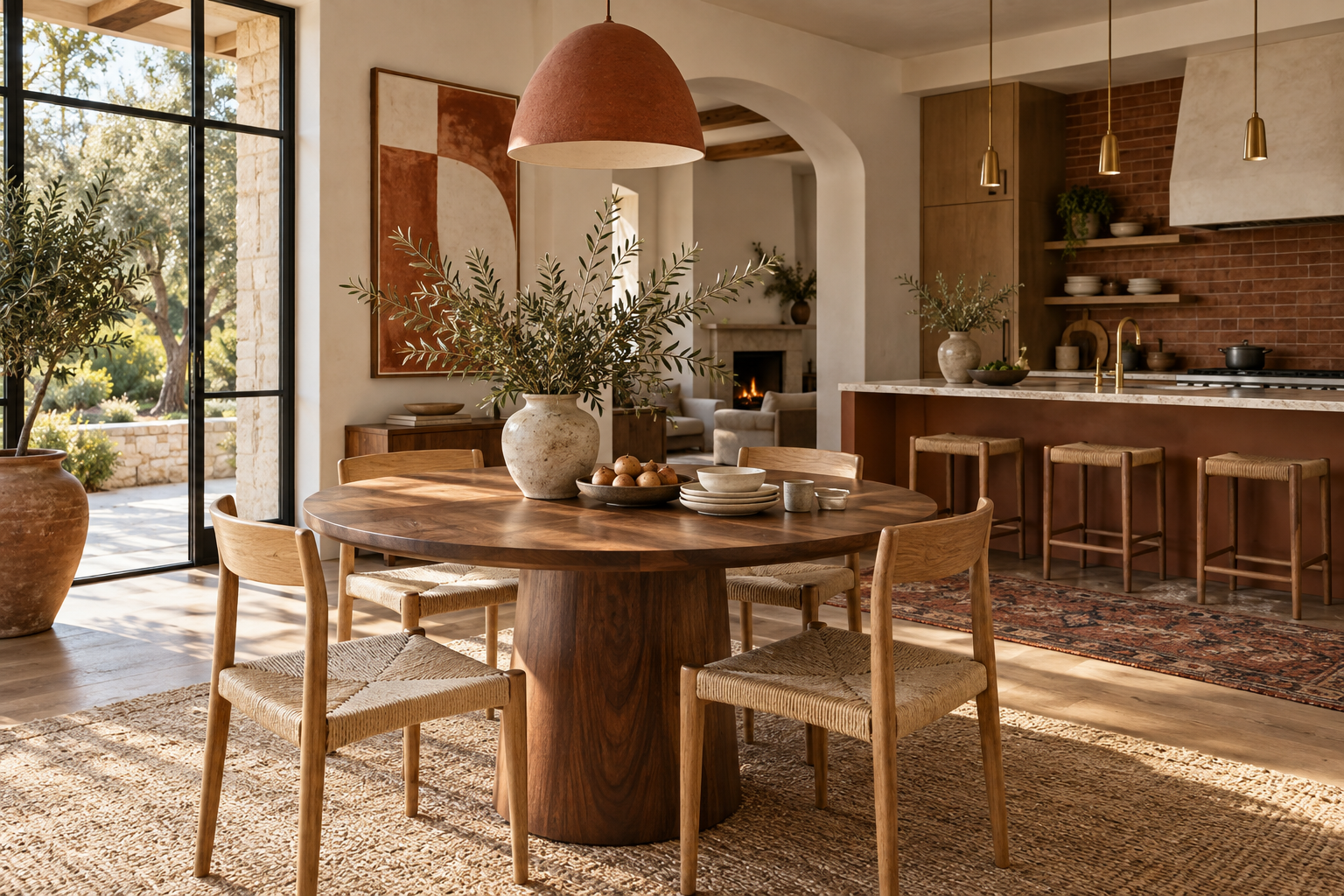 A welcoming dining room with natural light and a pendant above a wooden table
