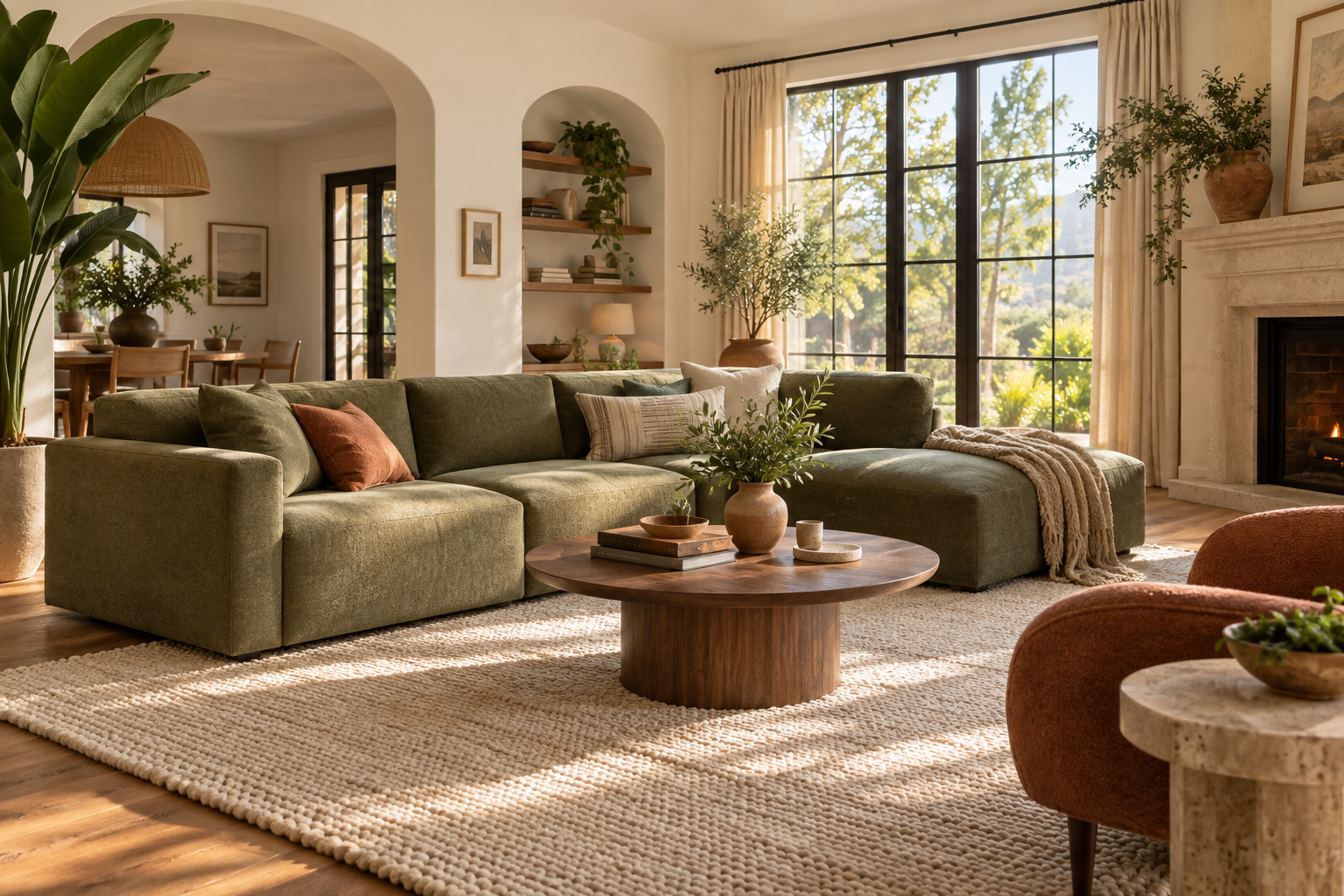 A sunlit living room with a green sofa, a wood coffee table and relaxed natural textures