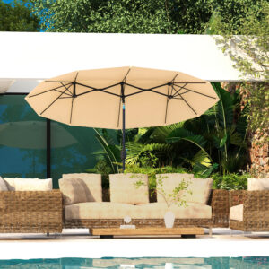 Double Sided Patio Umbrella, 9.7 Large Outdoor Market Umbrella with Push Button Tilt and Crank, 3 Air Vents and 12 Ribs, for Garden, Deck, Pool, Brown