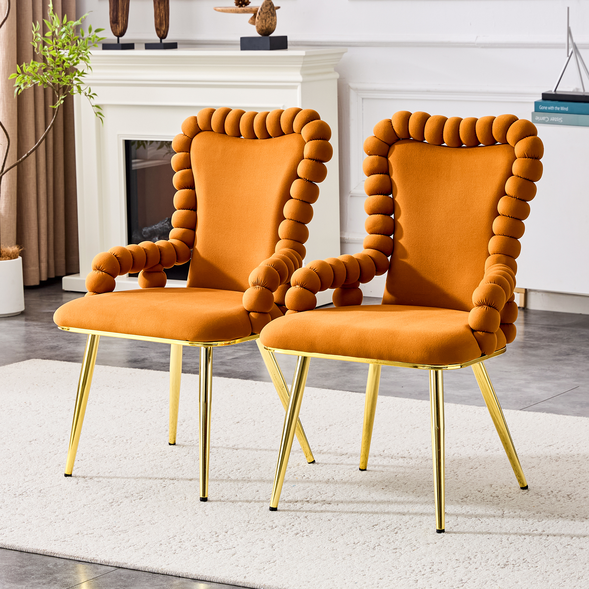 Set Of 2 Orange Puffy Bubble Chair Ball Chain Chair Velvet Dining Chairs With Gold Legs, Upholstered Accent Chairs With Armrests For Dining Room & Kitchen
