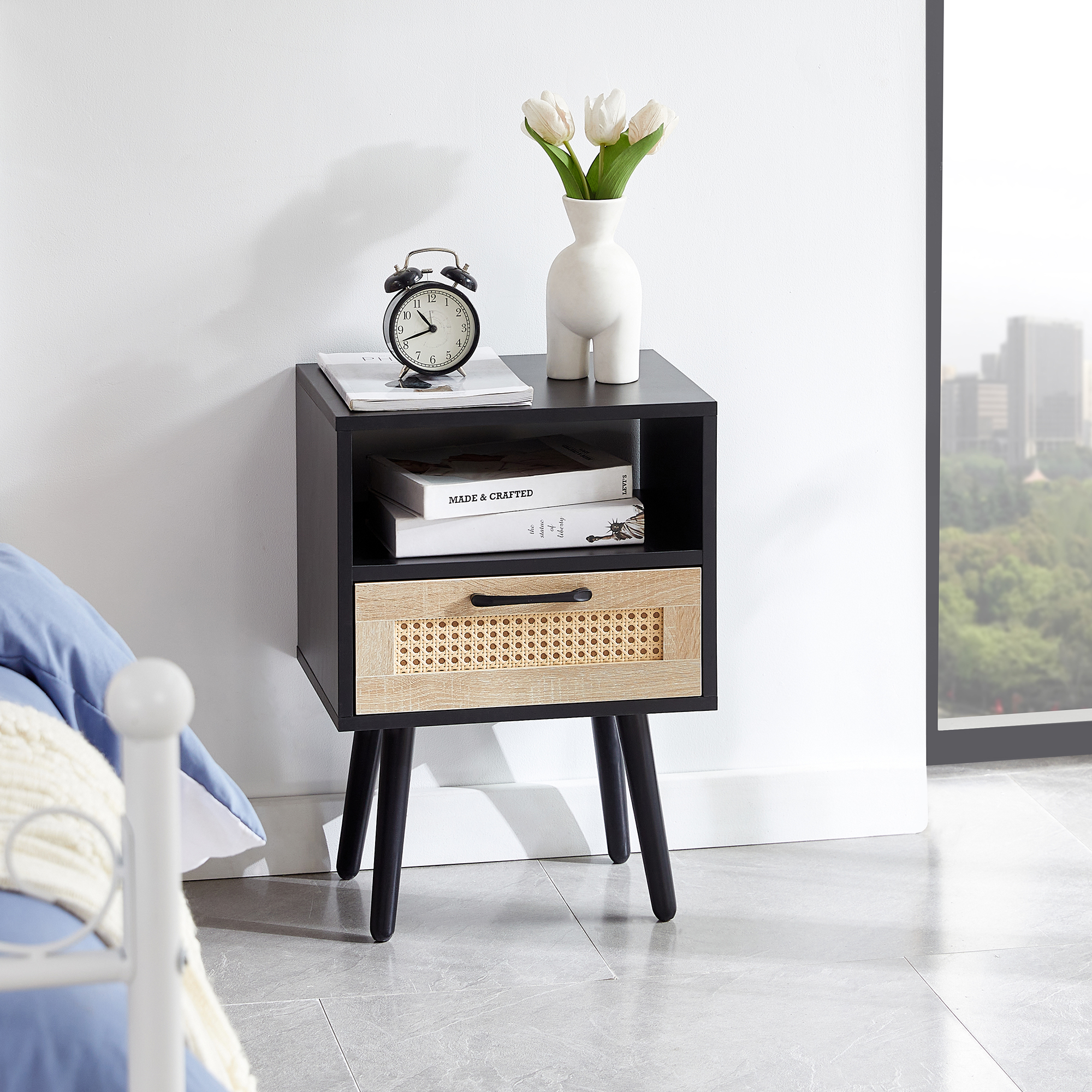 15.75 Rattan End Table With Drawer And Solid Wood Legs, Modern Nightstand, Side Table For Living Room, Bedroom, Black