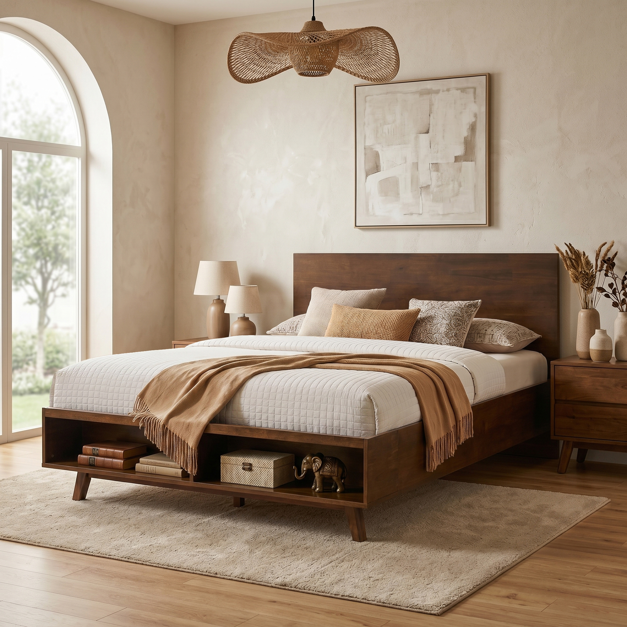 Walnut King Size Platform Bed Frame with Footboard Storage Space, Solid Rubberwood & MDF Construction, No Box Spring Needed