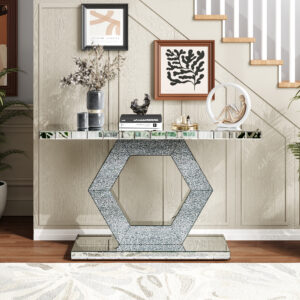 Sparkling Crystal Hexagon Mirror Entryway - Premium Modern Foyer Console Table With Diamond Glass Effects, Dual-Tier Luxury Sofa Table 55 L X14.17 W X31.5 H