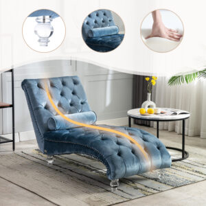 Velvet Chaise Lounge Indoor,Button-Tufted Upholstered Chaise Lounge Chair With Pillow For Bedroom Living Room Office Light Blue Velvet