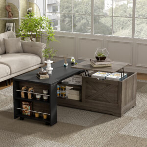 U-Can Farmhouse Lift Top Coffee Table With Barn Doors, Wood Rectangle Center Table With Large Hidden Storage Space And Open Cabinet, For Living Room, Bedroom, Home Office