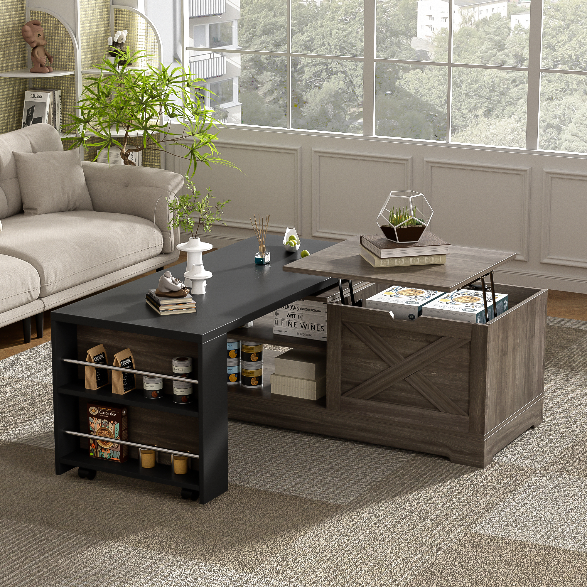 U-Can Farmhouse Lift Top Coffee Table With Barn Doors, Wood Rectangle Center Table With Large Hidden Storage Space And Open Cabinet, For Living Room, Bedroom, Home Office