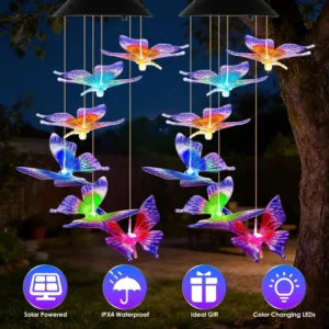 2PCS-Outdoor Solar Wind Chimes, Solar Butterfly Wind Chimes, Color Changing LED Wind Chime Light, IPX4 Waterproof Outdoor Hanging Decor for Garden Patio Balcony