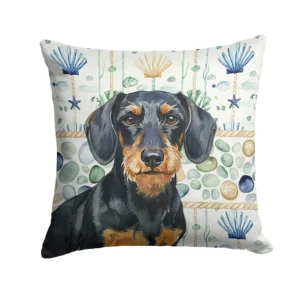 Wirehaired Black and Tan Dachshund Coastal Sea Glass Throw Pillow Decorative Indoor Outdoor Accent Cushion for Couch, Bed or Patio, 18Hx18W