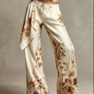Drawstring Waist Draped Sash Brown Floral Print Textured Wide Leg Pants