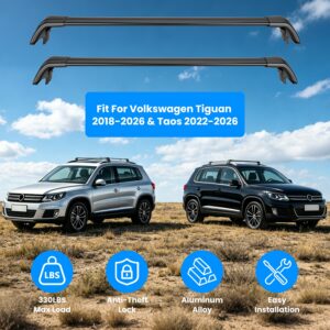 Roof Rack Cross Bars Fit For Tiguan 2018-2026 & Taos 2022-2026 With Factory Raised Side Rails Lockable Aluminum Roof Cargo Carrier Bars 330lbs Max Load For Luggage Kayaks Bikes