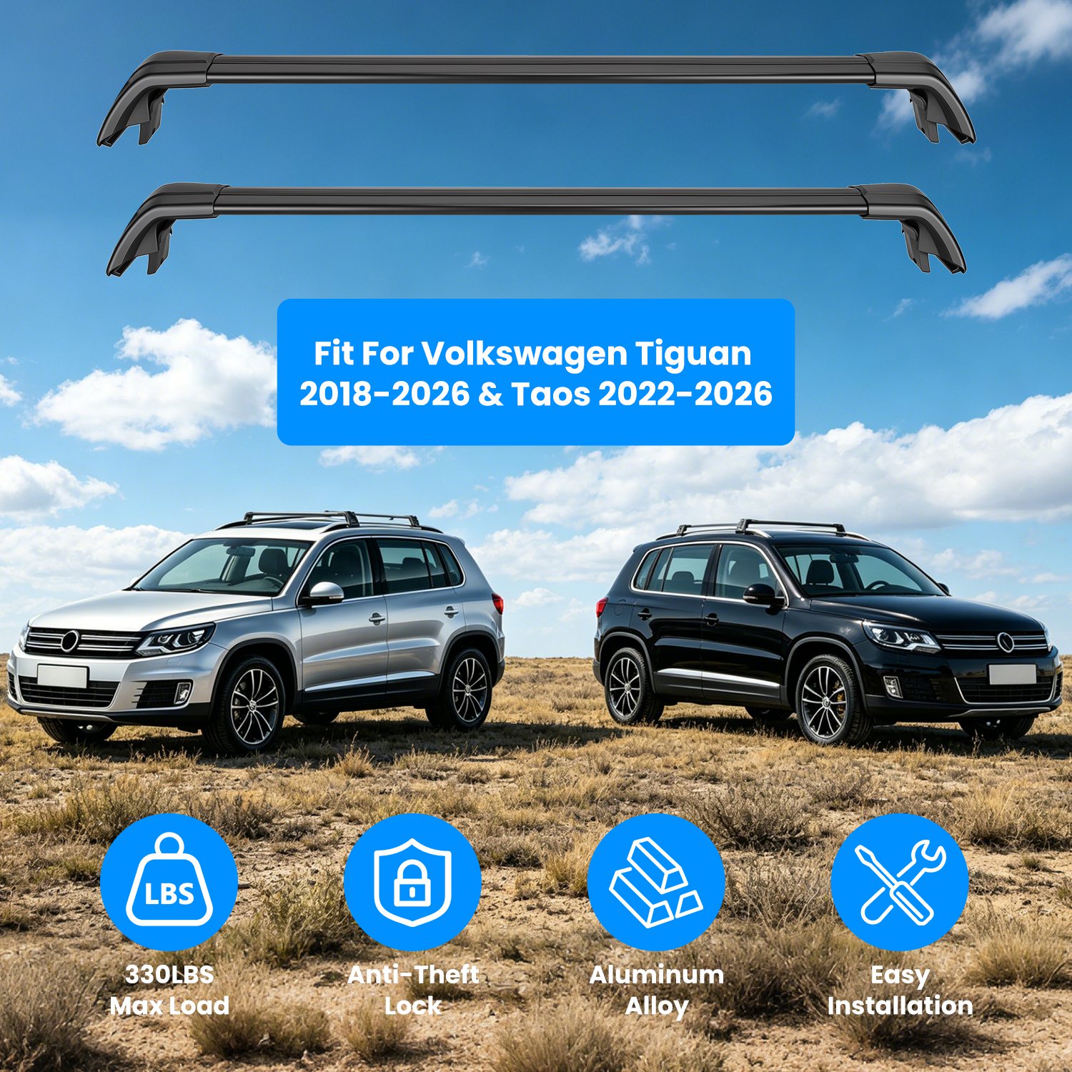 Roof Rack Cross Bars Fit For Tiguan 2018-2026 & Taos 2022-2026 With Factory Raised Side Rails Lockable Aluminum Roof Cargo Carrier Bars 330lbs Max Load For Luggage Kayaks Bikes