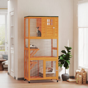 74" Wooden Outdoor Cat House Catio Outdoor Cat Enclosure, Orange