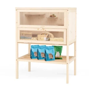 31.5 " Fir Wood Hamster Cage with Flip Mesh Roof, Multi-Level Activity Areas & Bottom Storage Shelf