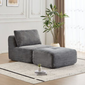 Modern Memory Foam Compressed Sofa,Single Chaise Longue For Living Room,Pet-Friendly Cloud Modular Sectional Sofa,Corduroy Fabric,Movable Ottoman,No Assembly Required,Grey