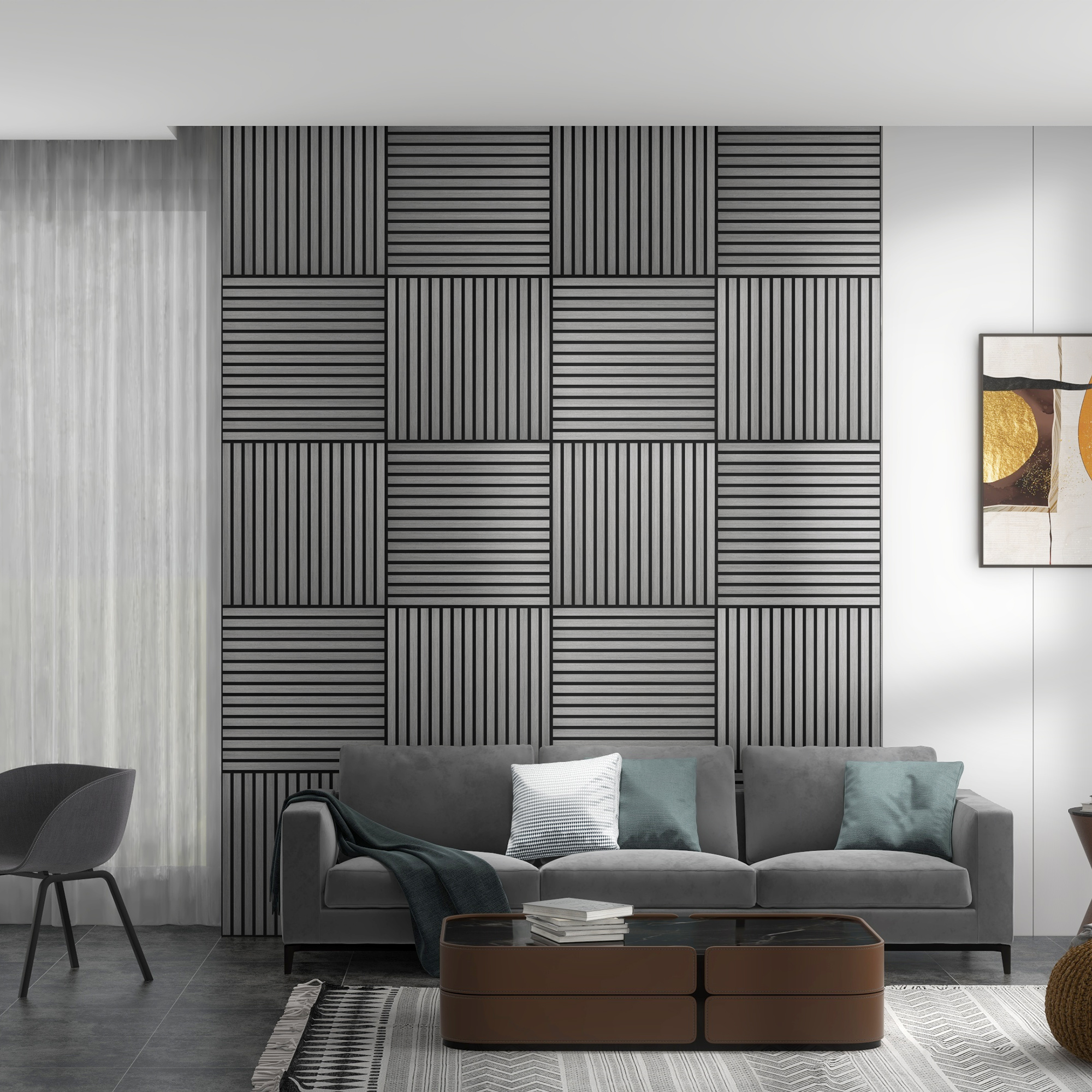 24"x24" Wood Panels for Wall, 4 Pack Acoustic Panels, Sound Absorbing Slat Wall For Interior Wall Decor, Home, Gray