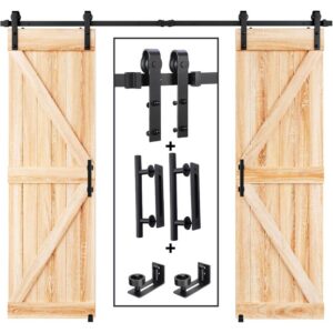8 FT Double Sliding Barn Door Track And Handle Hardware Kit,Basic J Pulley,Slide Smoothly Quietly,Easy Install 8FT Track Kit For 20-24 Wide Double Door