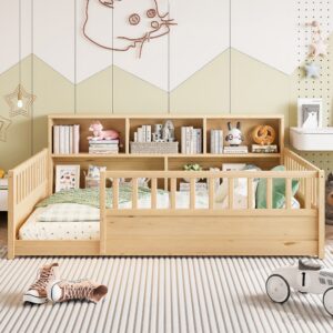 A Full-sized Wooden Floor Bed With A Fence-style Guardrail, Featuring A Side Storage Decorative Function, And Its Color Is Natural