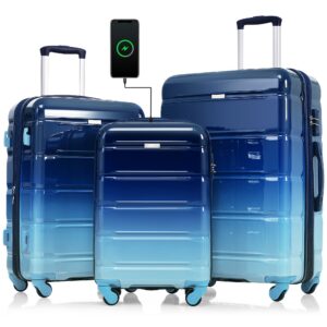 Luggage Set of 3, 20-inch with USB Port, Airline Certified Carry-on Luggage , ABS+PC Hard Shell Luggage with Spinner Wheels, Gradient Blue