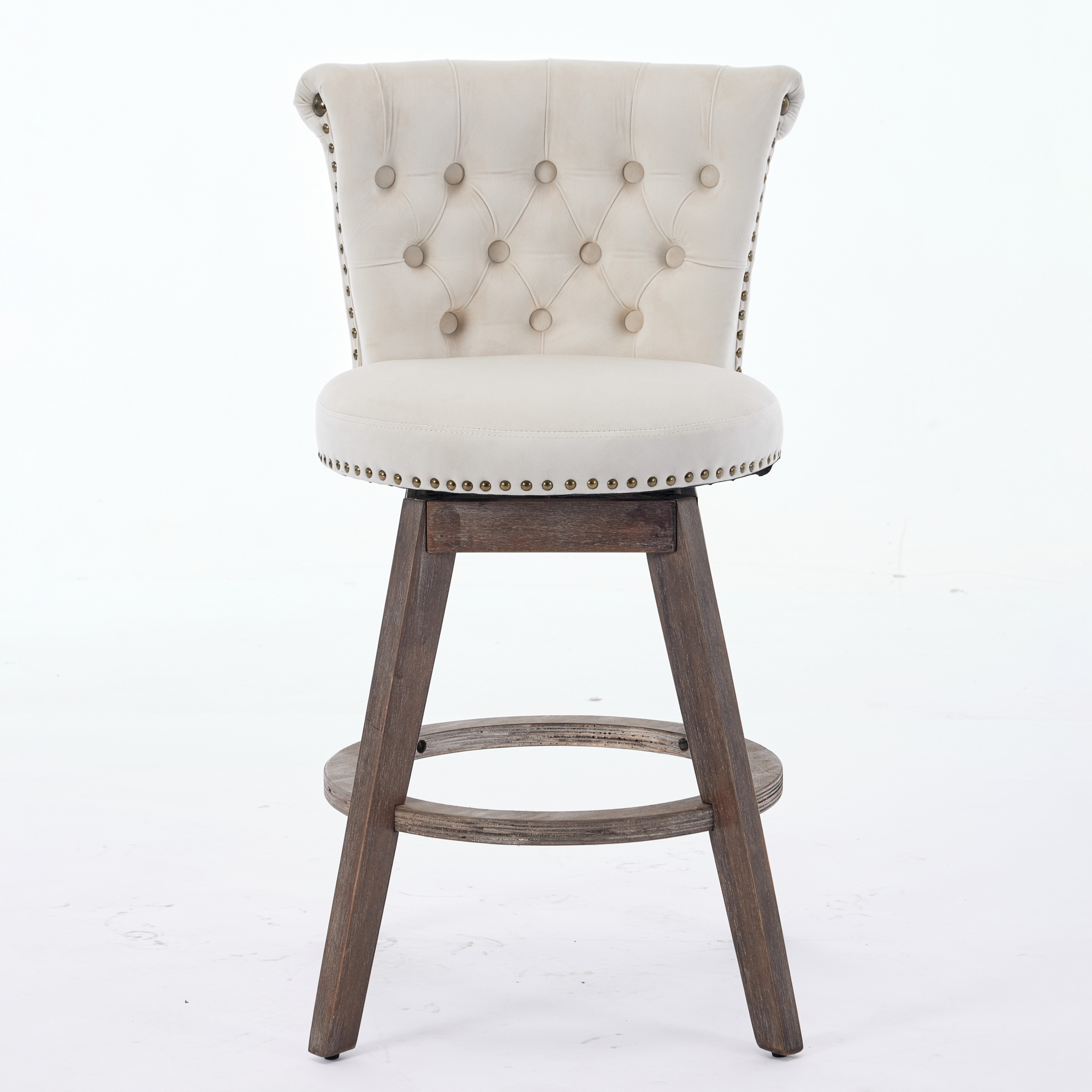 26 Counter Height Bar Stools Set Of 2, 360 Swivel Stools With Back Hand - Tufted Button - Trimmed Edges, Upholstered Velvet Kitchen Counter Stools On Wood Legs,Beige,SW1868BG