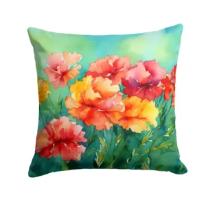 Ohio Scarlet Carnations in Watercolor Throw Pillow Machine Washable, Indoor Outdoor Decorative Pillow for Couch, Bed or Patio, 14Hx14W