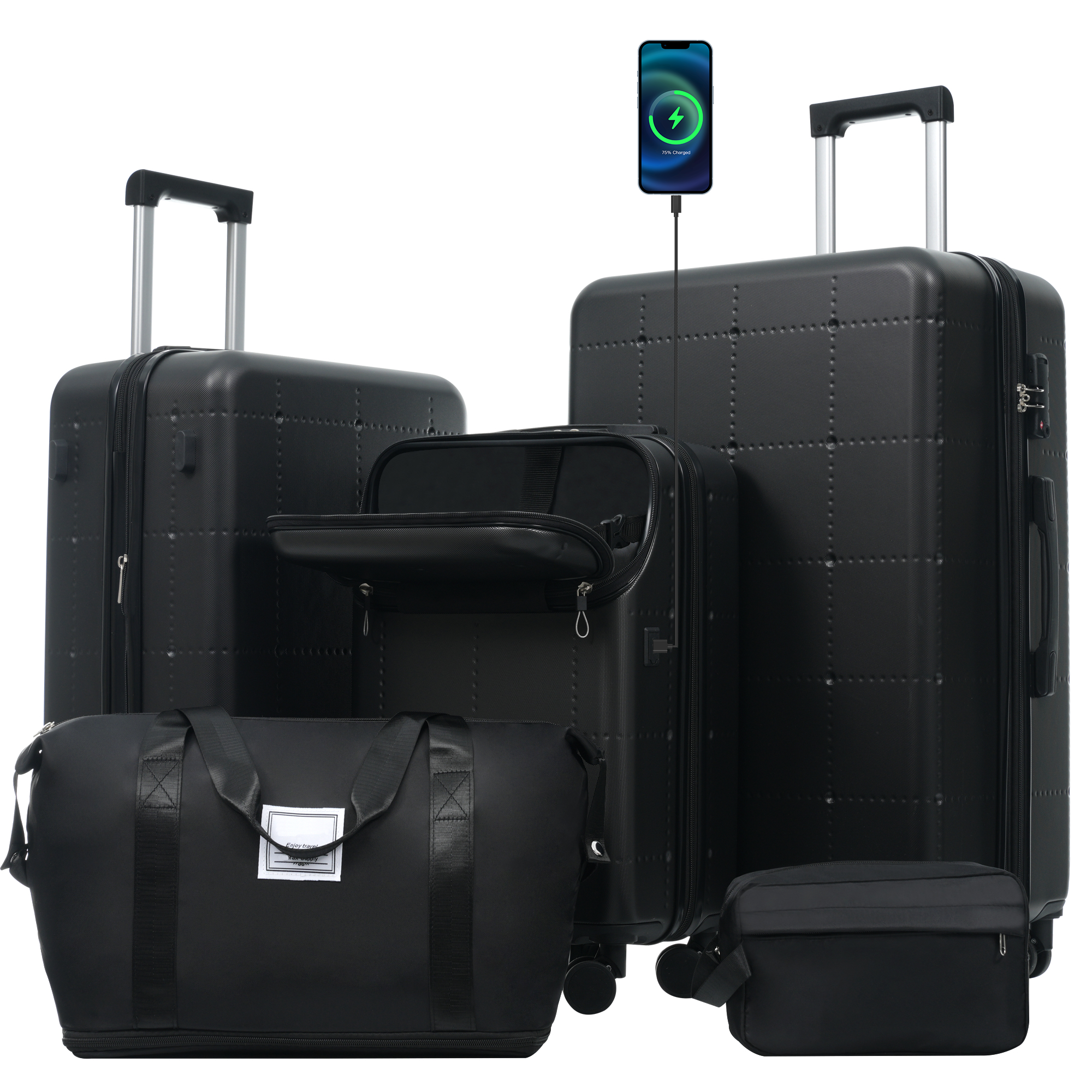 Hardside Luggage Set 5 Piece With Bags,20IN Half-opening Carry On Luggage With USB Port, Expandable 24IN 28IN Luggage With Double Spinner Wheels TSA Lock