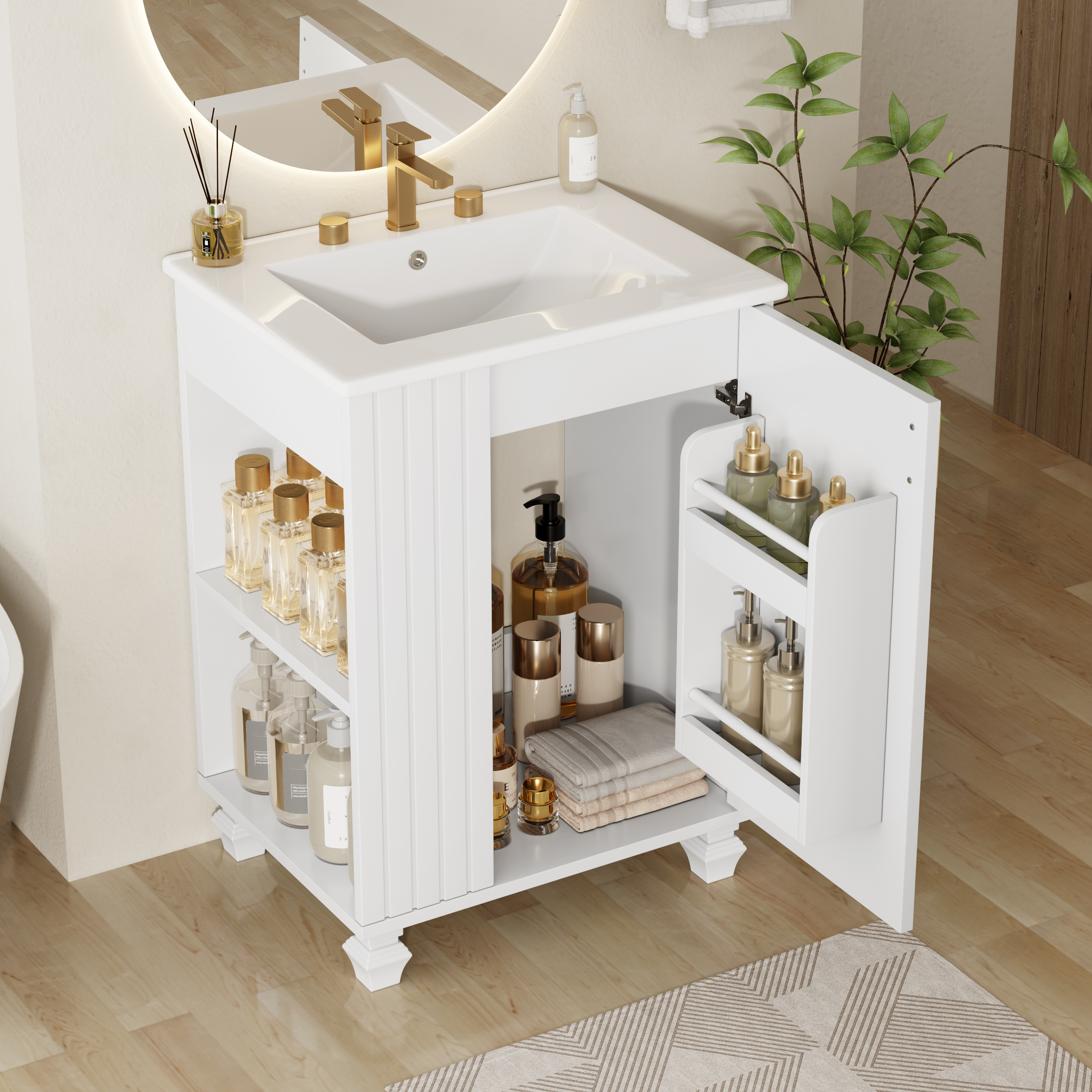 24 Bathroom Vanity With Sink, Bathroom Cabinet With Door Shelf, Side Open Storage, Solid Wood Frame,Soft Closing Door, White